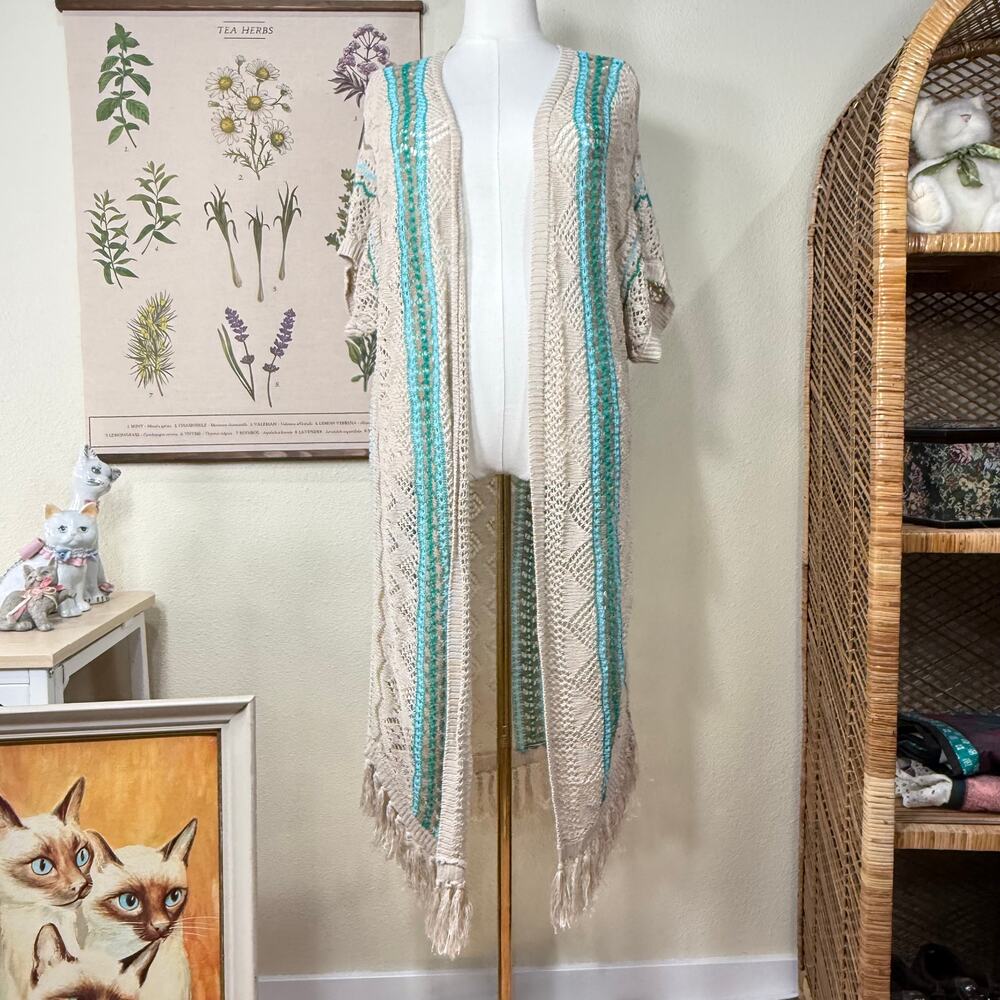 Crochet Fringe Linen Open Duster Cardigan Boho Coastal Grandma Southwestern 2 L